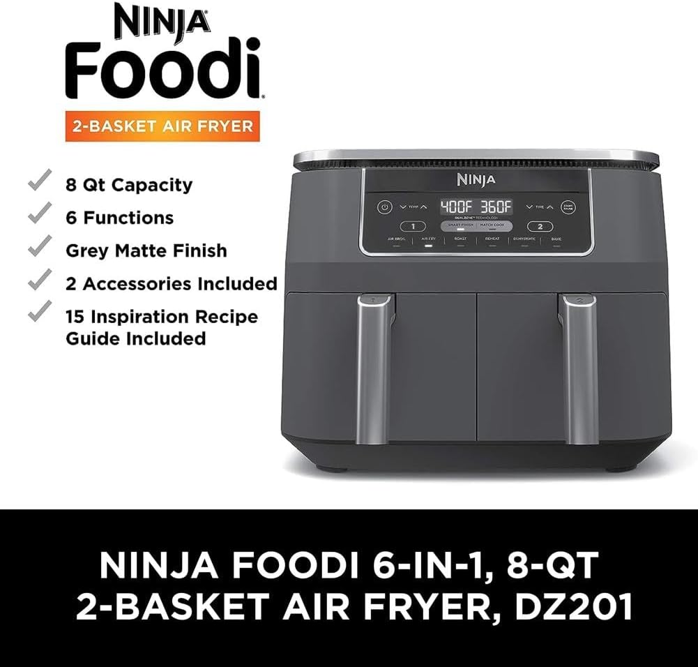 Ninja DZ201 Foodi Freidora de aire 6 en 1 de 2 canastas con tecnología DualZone, capacidad de 8 cuartos