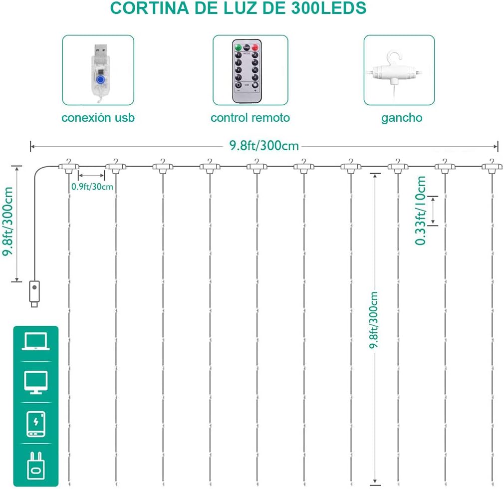 Cortina de Luz 3M*3M con 300Leds - 8 Modos de Luces con Control Remoto
