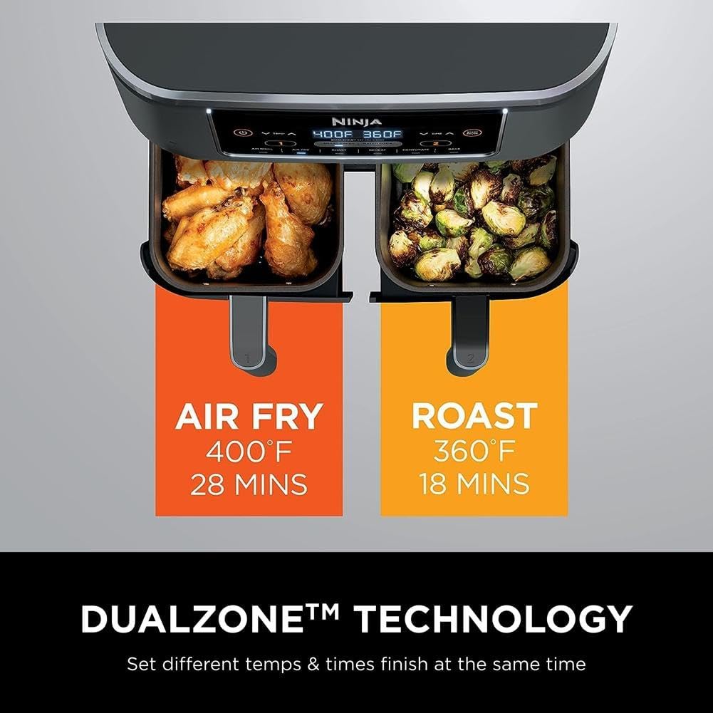 Ninja DZ201 Foodi Freidora de aire 6 en 1 de 2 canastas con tecnología DualZone, capacidad de 8 cuartos