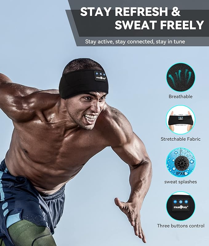 Musicozy Auriculares Inalámbricos Deportivos Resistentes al Sudor y Audífonos para Dormir con Altavoz Ultrafino