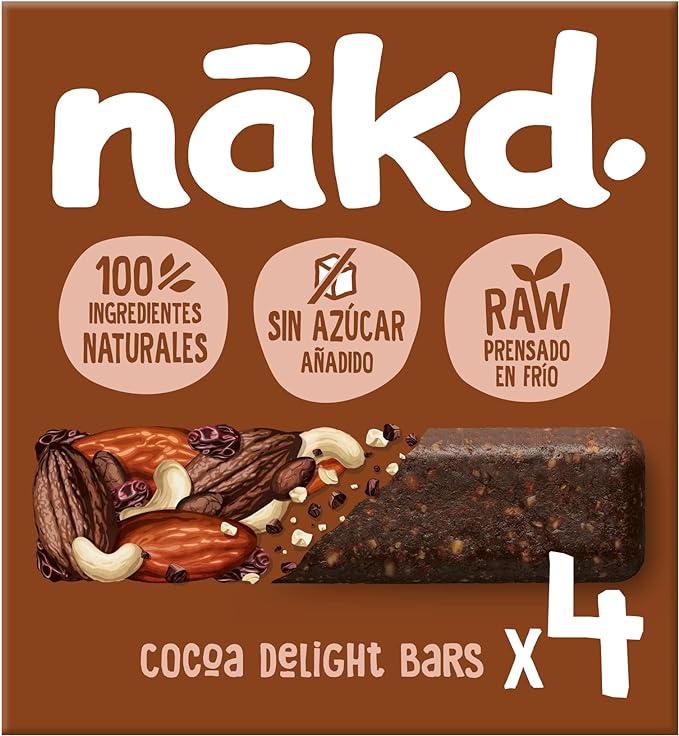 Nākd. Cocoa Delight - Barritas Raw de Fruta y Frutos Secos - Sin Azúcar Añadido - 4 x 35g - 140g