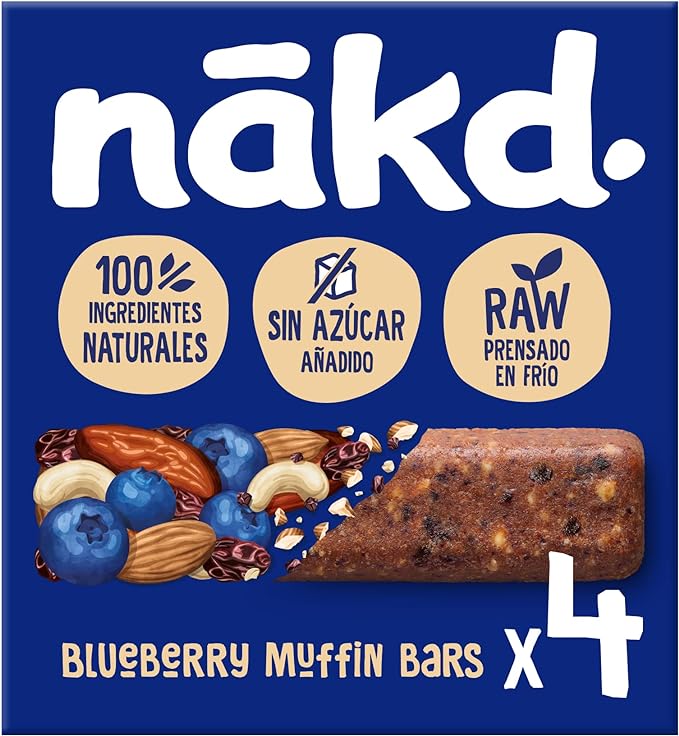 Nākd. Blueberry Muffin - Barritas Raw de Fruta y Frutos Secos - Sin Azúcar Añadido - 4 x 35g - 140g