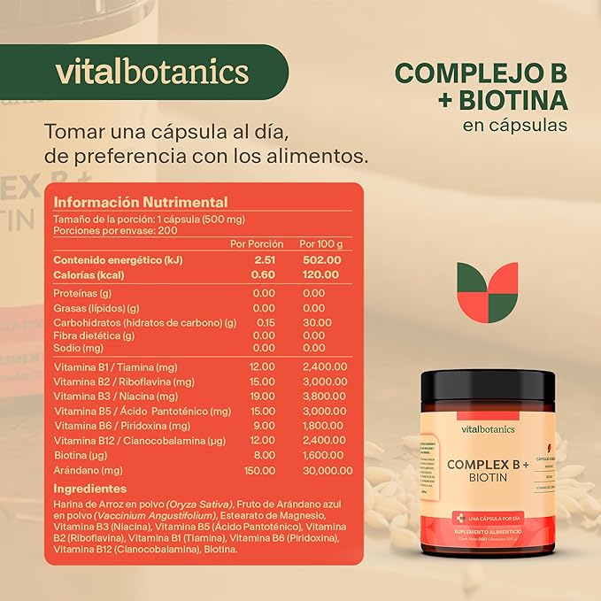 VitalBotanics Suplemento Multivitamínico Complex B + Biotin - 200 capsulas