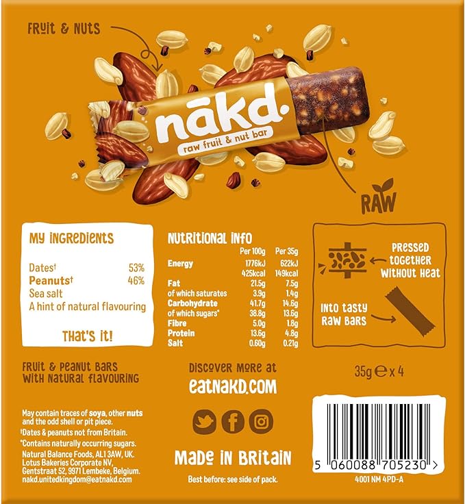 Nākd. Peanut Delight - Barritas Raw de Fruta y Frutos Secos - Sin Azúcar Añadido - 4 x 35g - 140g