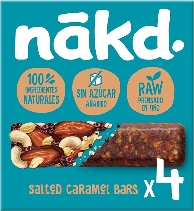 Nākd. Salted Caramel - Barritas Raw de Fruta y Frutos Secos - Sin Azúcar Añadido - 4 x 35g - 140g