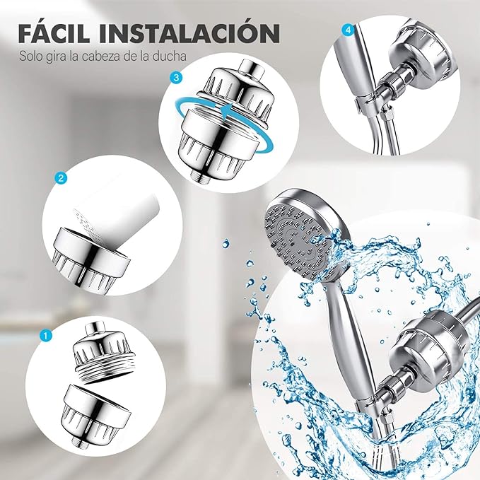 Filtro Regadera - Purificador de Agua para Eliminar Cloro/Impurezas y Olores Desagradables
