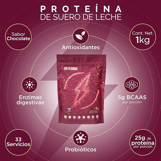 SUPER HUMAN - Proteina de Suero Aislada - Whey Isolate 1kg - Sabor Chocolate, 25g Proteína