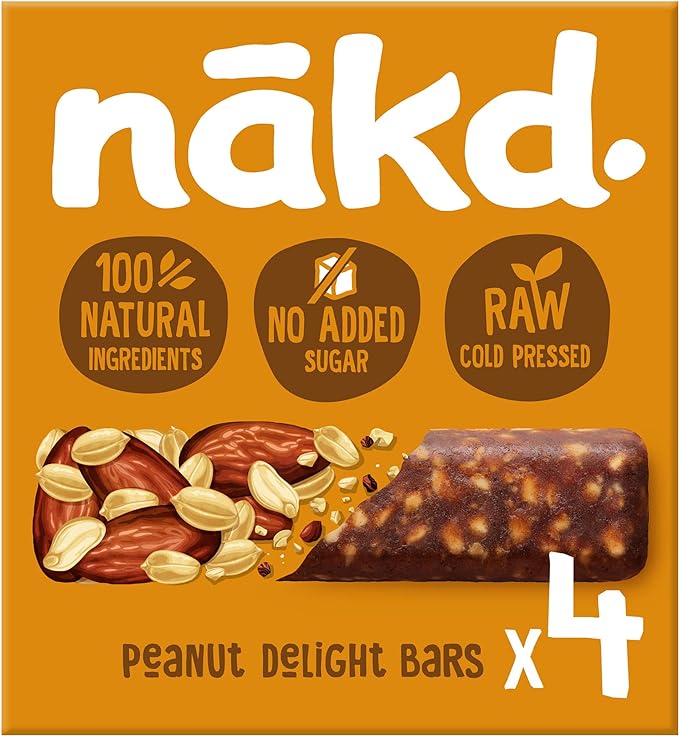 Nākd. Peanut Delight - Barritas Raw de Fruta y Frutos Secos - Sin Azúcar Añadido - 4 x 35g - 140g
