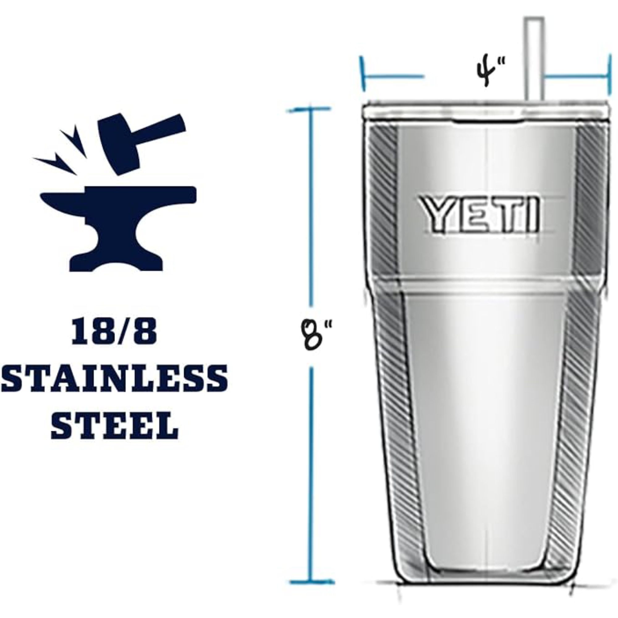 YETI Rambler - Vaso de 769 ml, de Acero Inoxidable, aislado al vacío, tapa para paja  - Carbón