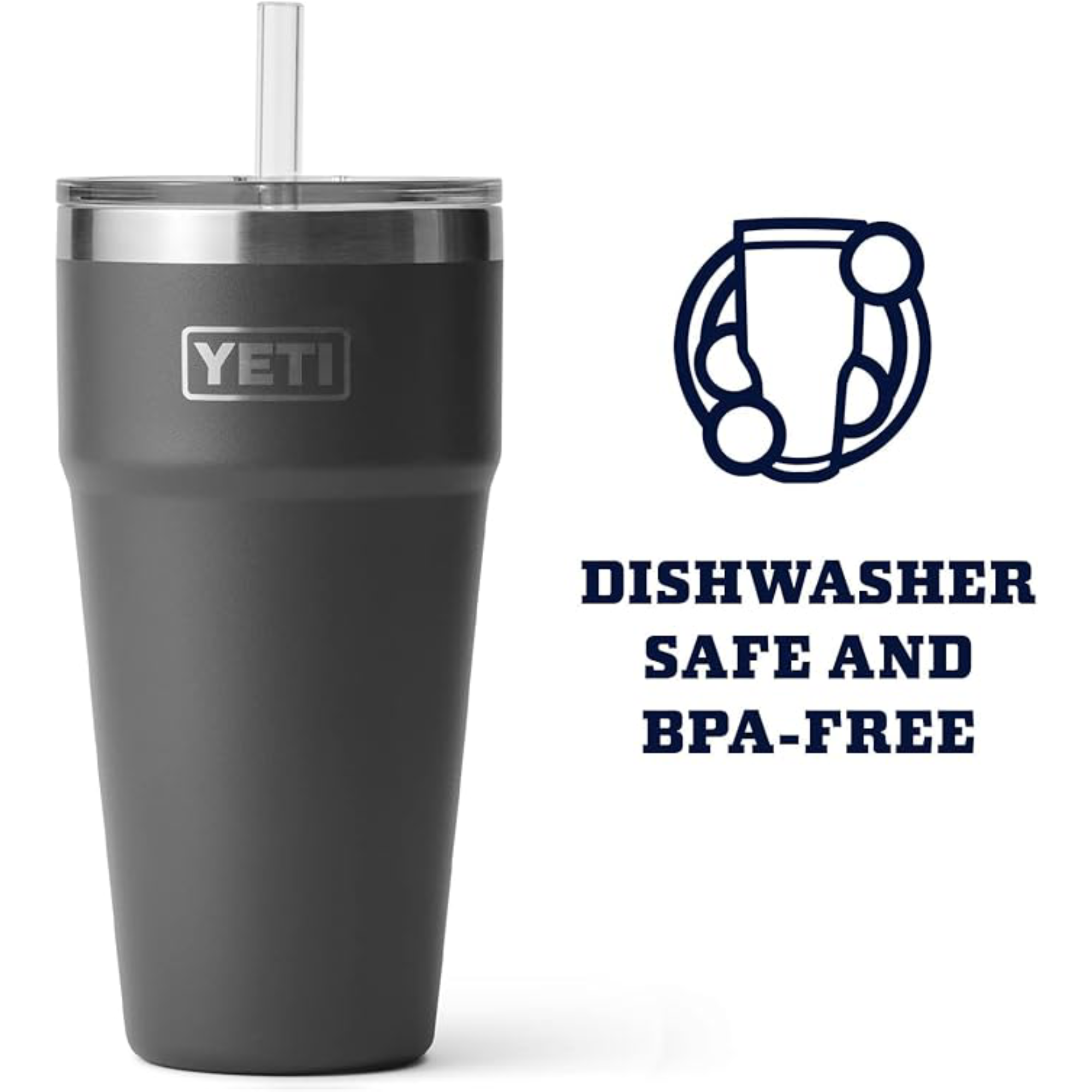 YETI Rambler - Vaso de 769 ml, de Acero Inoxidable, aislado al vacío, tapa para paja  - Carbón