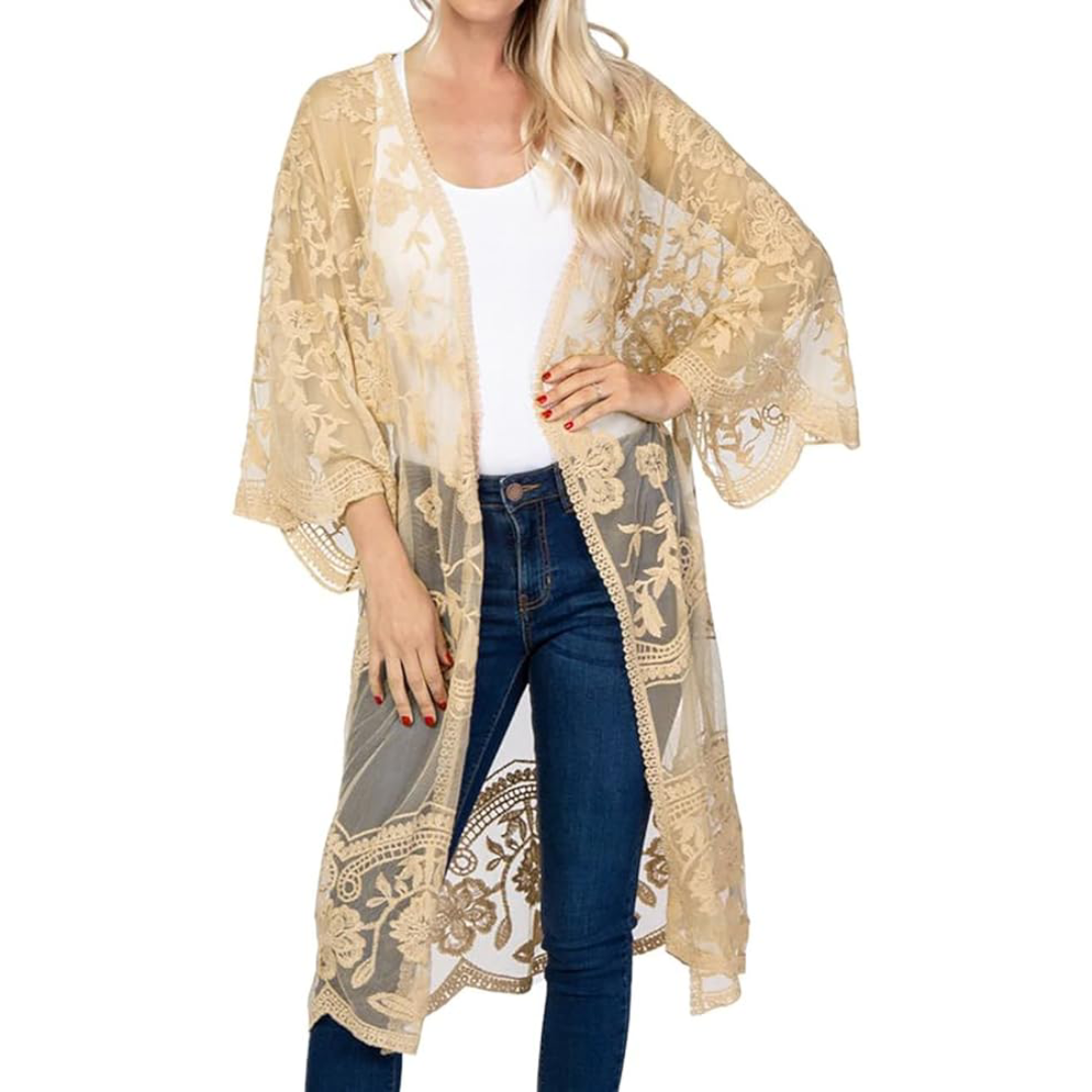 Bsubseach Mujer Kimono Cárdigan de Playa Traje de Baño Camisola y Pareos - A-Apricot