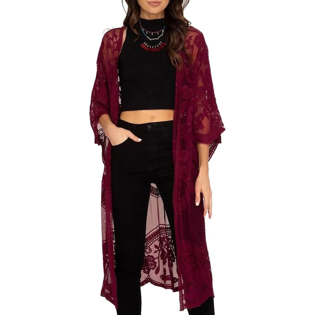 Bsubseach Mujer Kimono Cárdigan de Playa Traje de Baño Camisola y Pareos - A-Vino