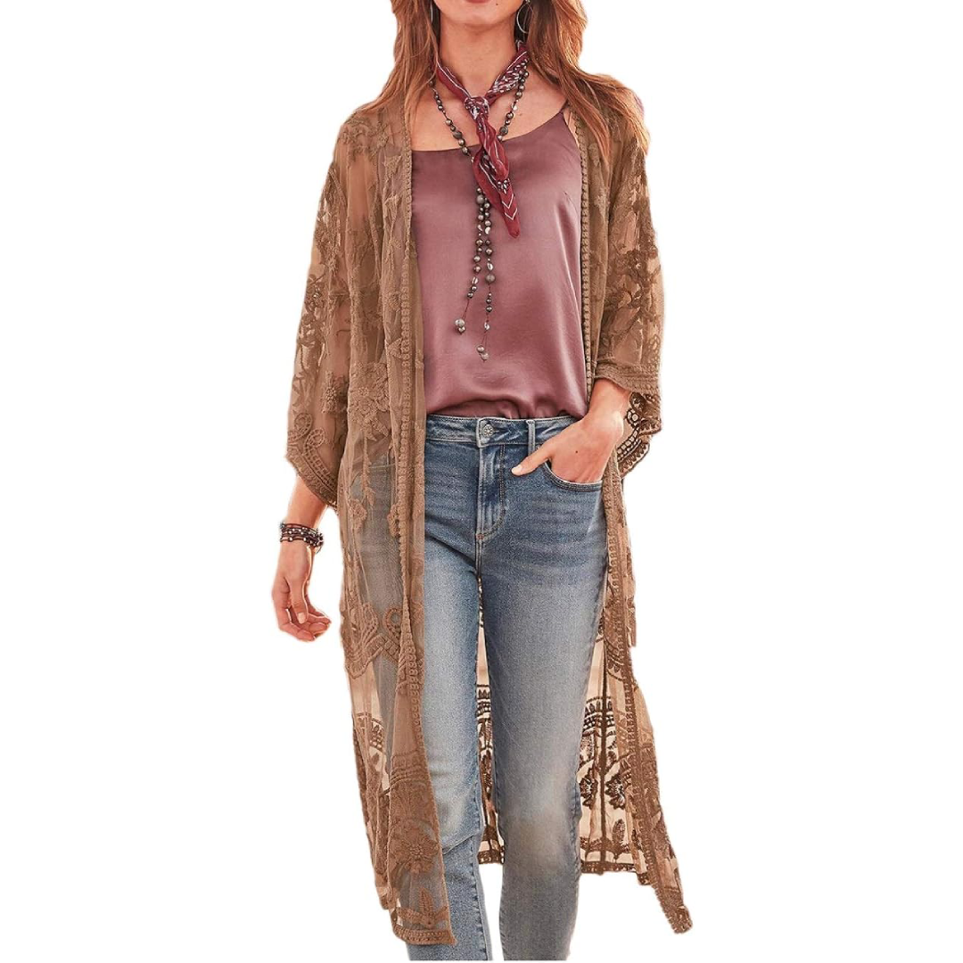 Bsubseach Mujer Kimono Cárdigan de Playa Traje de Baño Camisola y Pareos - A-Marrón