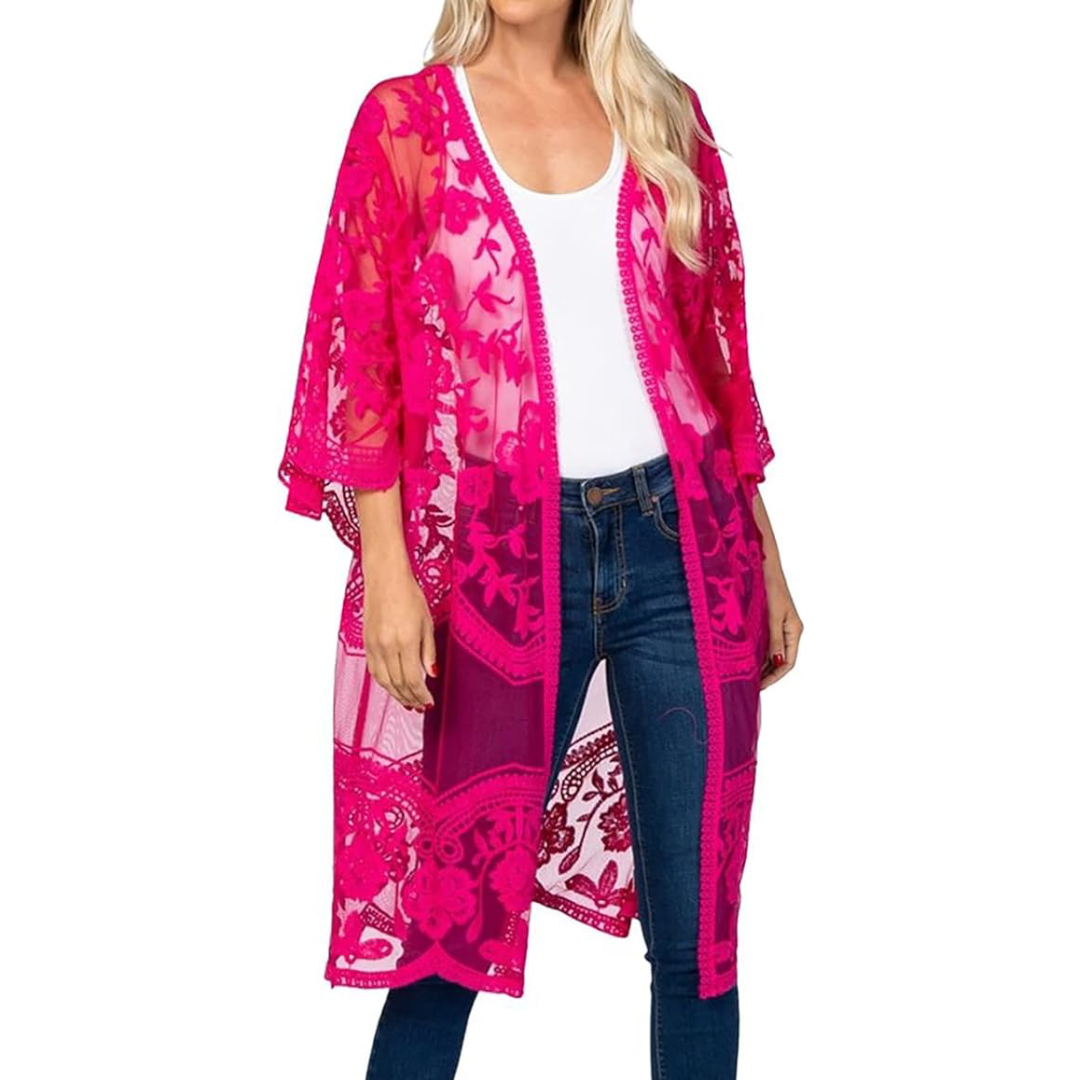 Bsubseach Mujer Kimono Cárdigan de Playa Traje de Baño Camisola y Pareos - A-Rose red