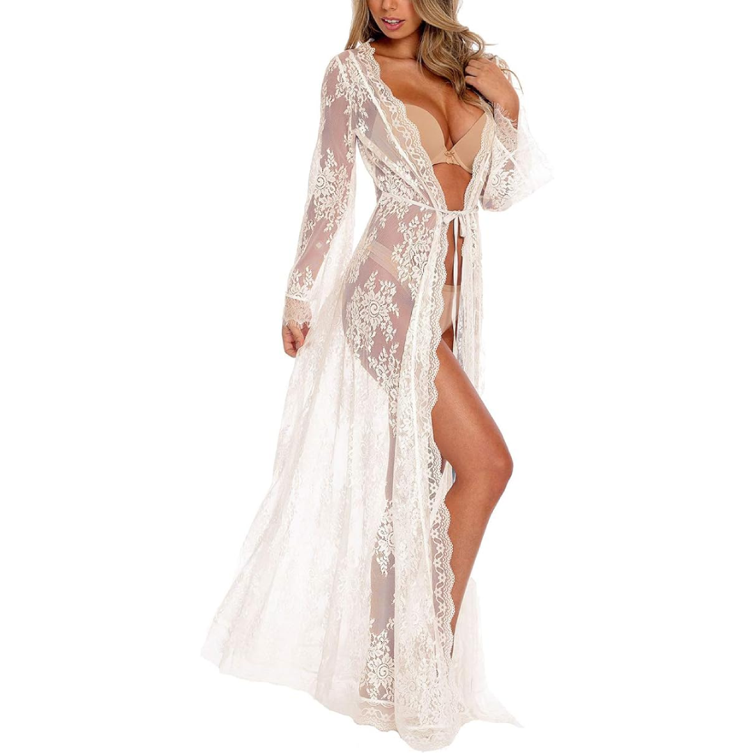 Bsubseach Mujer Traje de Baño Sexy Crochet Kimono Verano, Camisola y Pareos - Blanco encaje