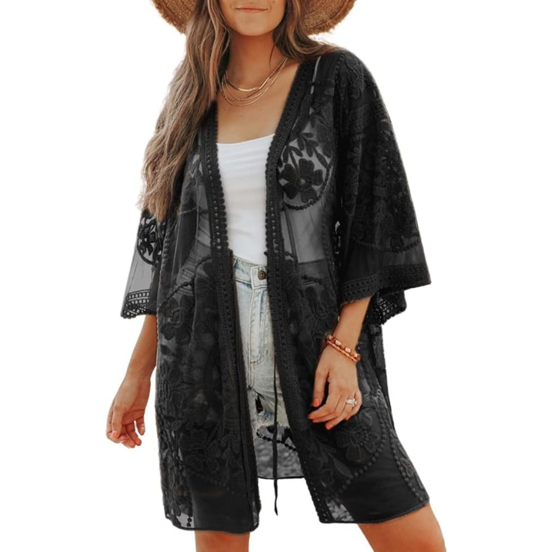 Bsubseach Mujer Traje de Baño Sexy Crochet Kimono Verano, Camisola y Pareos - D-Negro