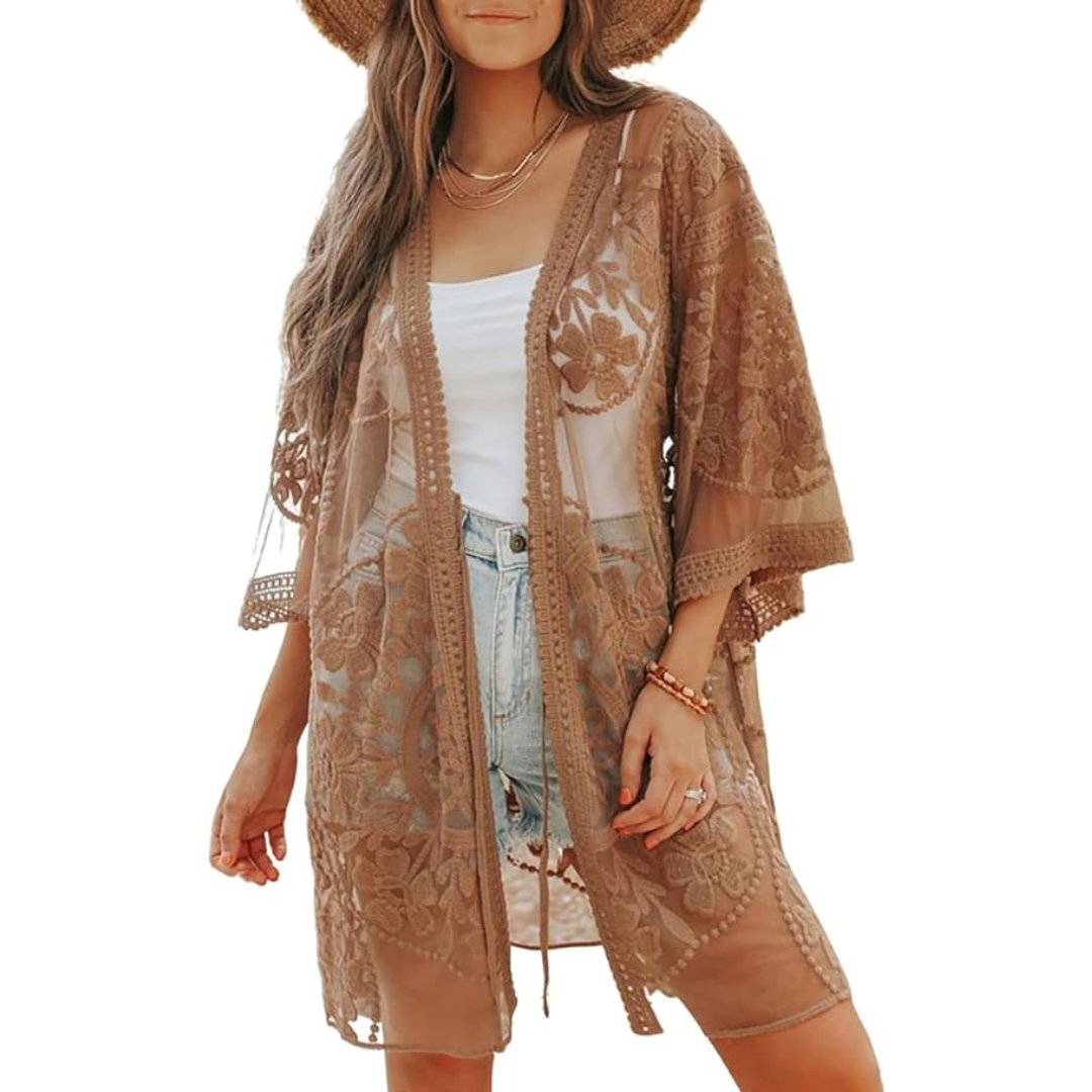 Bsubseach Mujer Traje de Baño Sexy Crochet Kimono Verano, Camisola y Pareos - Caqui
