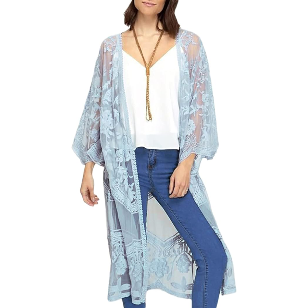 Bsubseach Mujer Kimono Cárdigan de Playa Traje de Baño Camisola y Pareos - A-Gris Azul