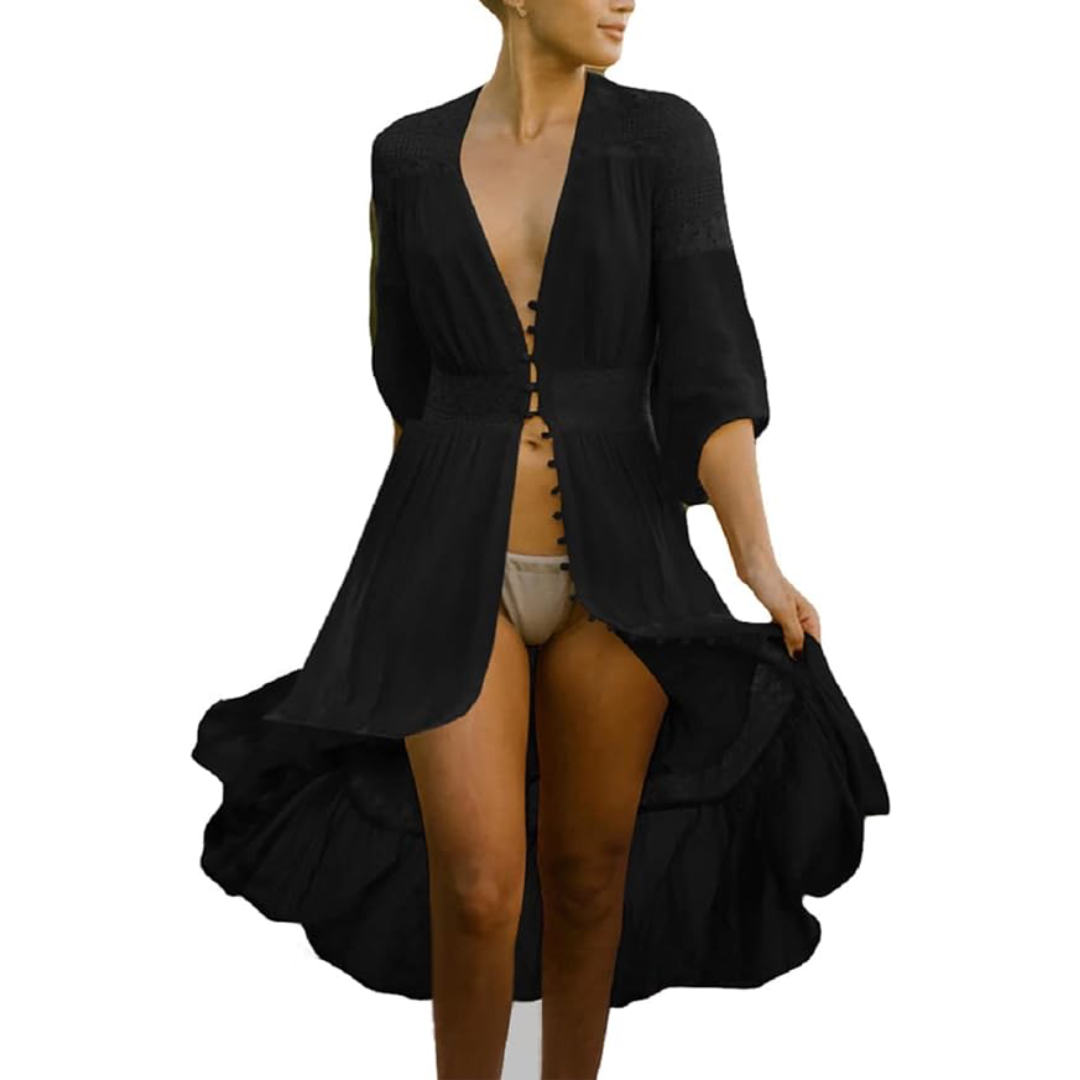 Bsubseach Mujer Traje de Baño Sexy Crochet Kimono Verano, Camisola y Pareos - A-Negro