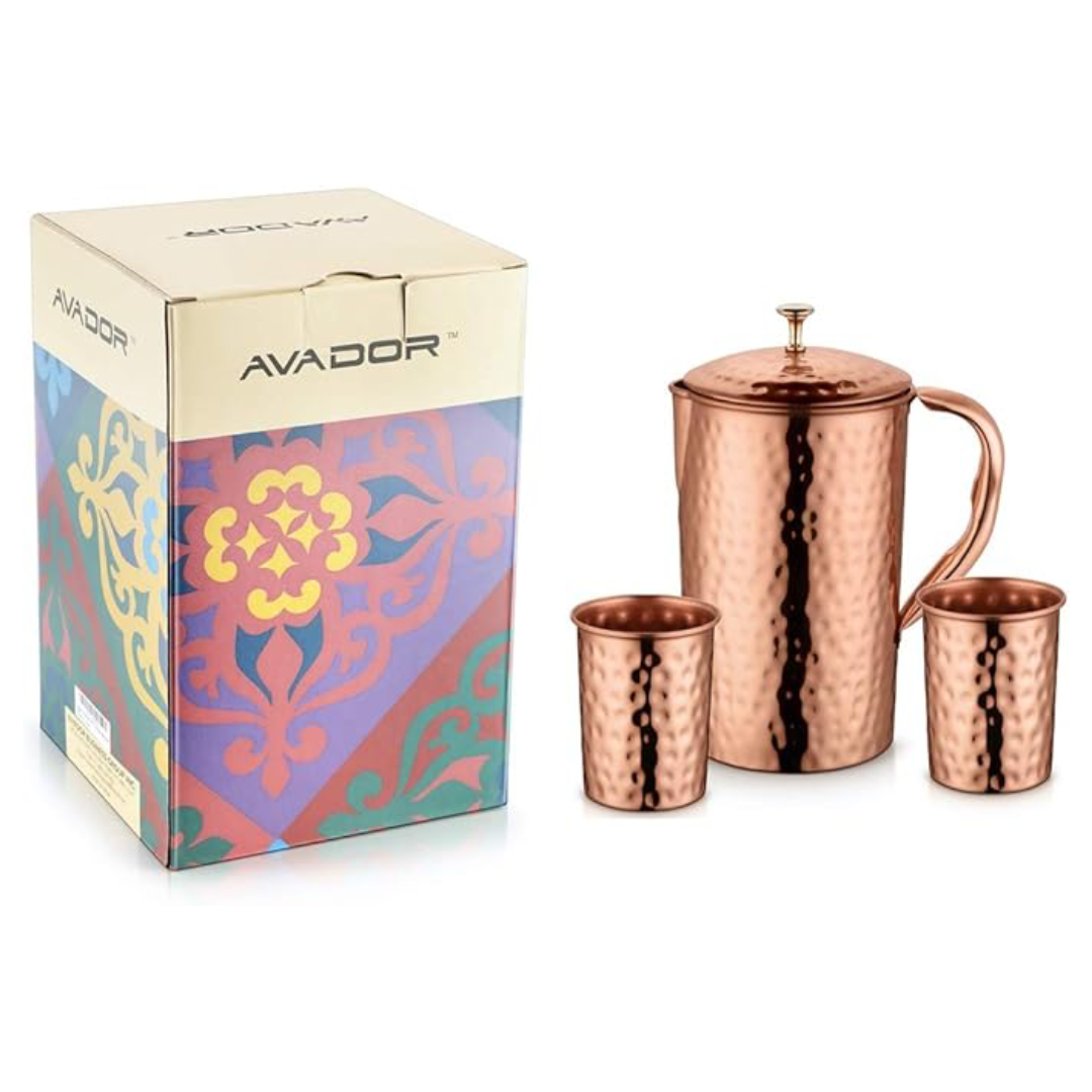 AVADOR - Jarra de cobre 100% puro hecha a mano con 2 vasos de vidrio con acabado martillado