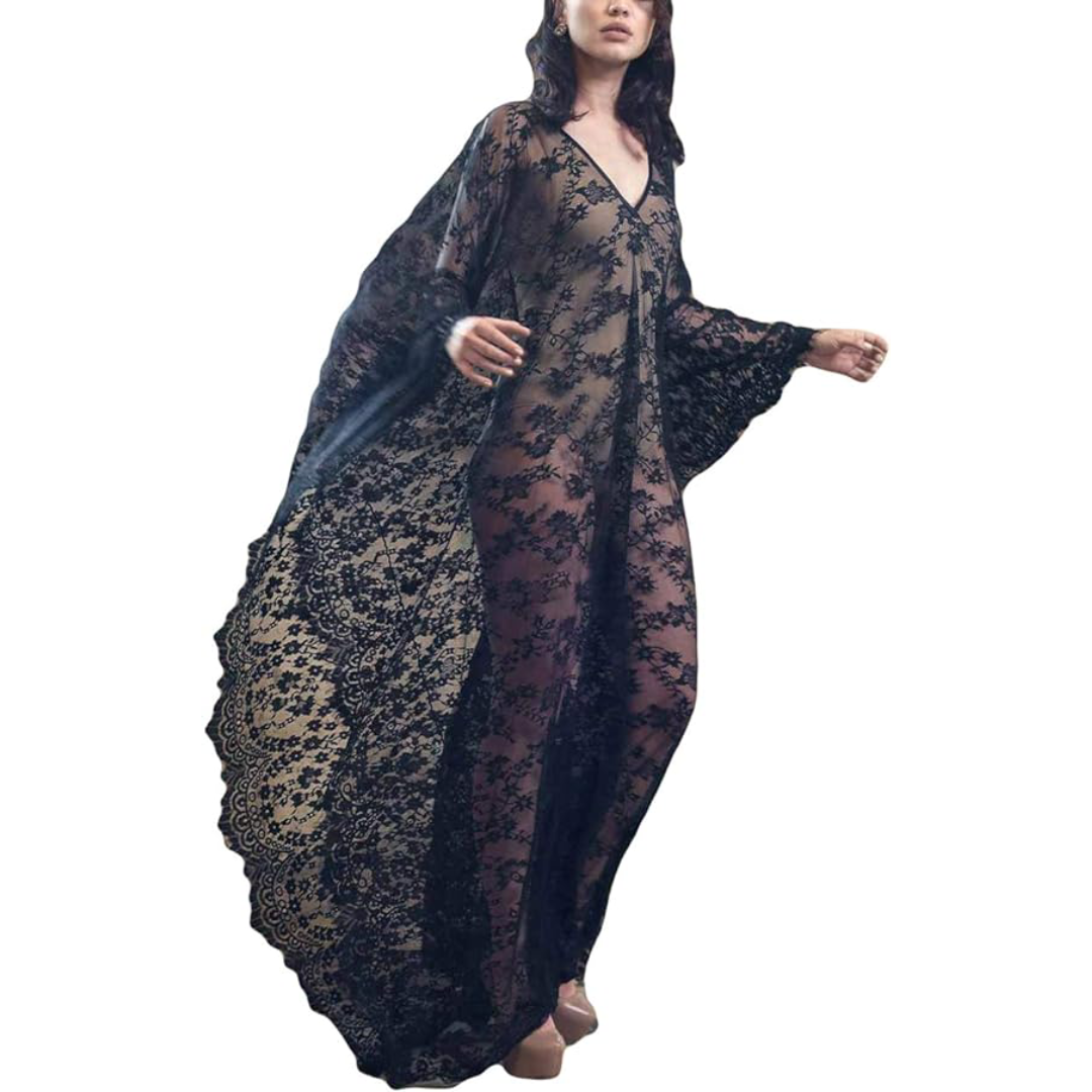 Bsubseach Mujer Traje de Baño Sexy Crochet Kimono Verano, Camisola y Pareos - C-Negro