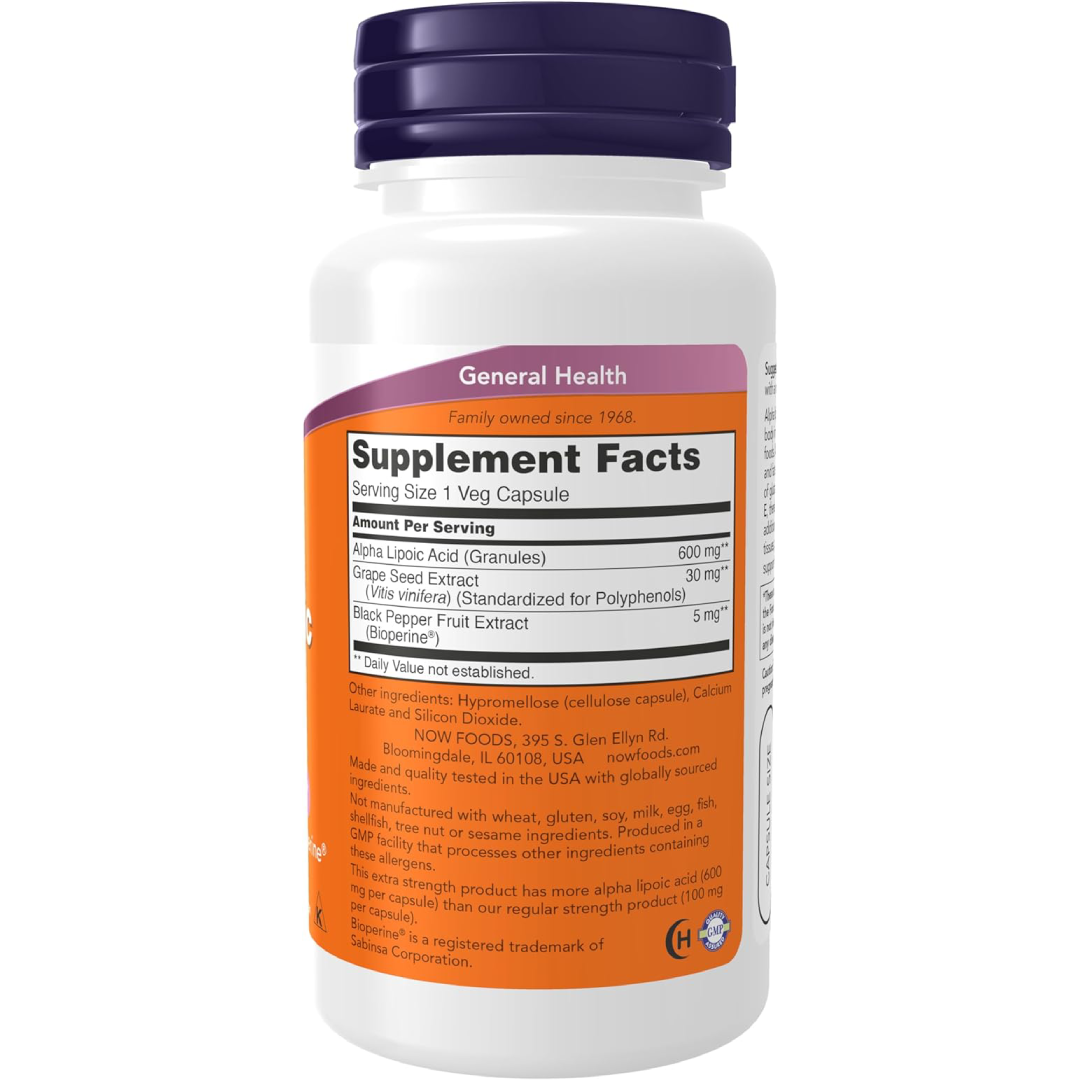 Now Suplementos, ácido alfa lipoico 600 mg con extracto de semilla de uva y Bioperine