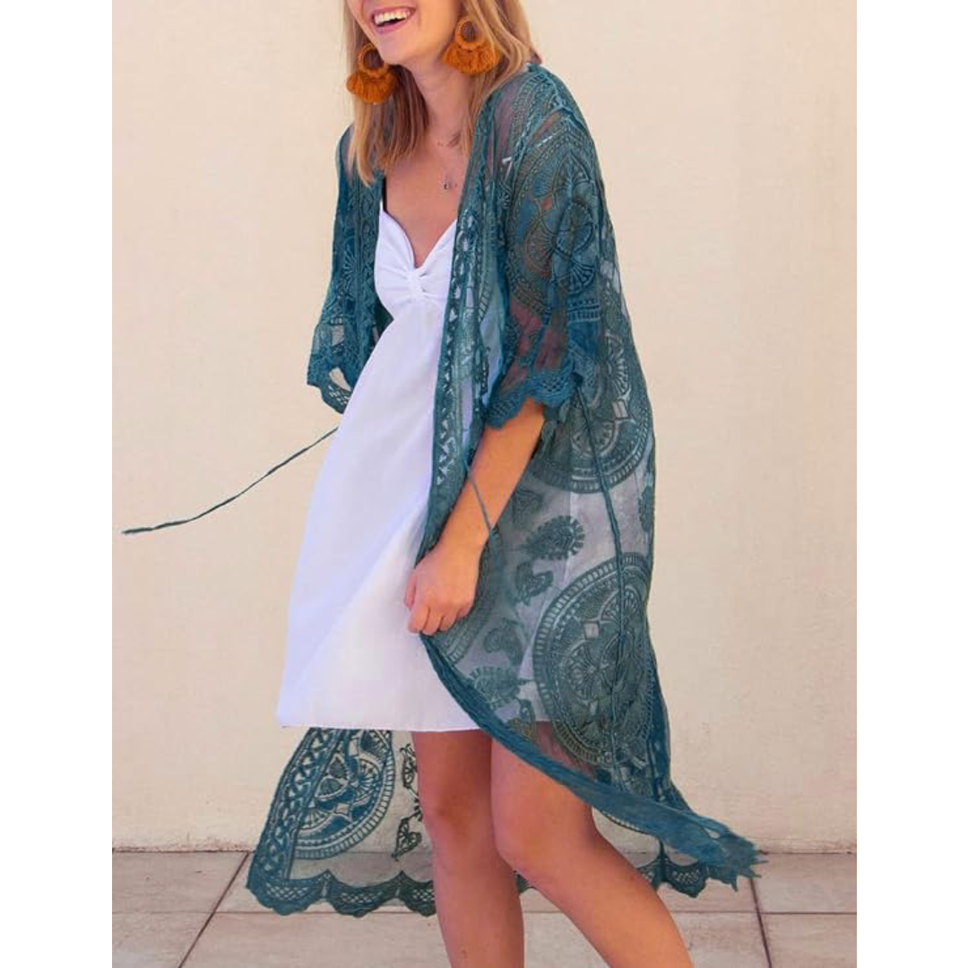 Bsubseach Mujer Kimono Cárdigan de Playa Traje de Baño Camisola y Pareos - E-Azul