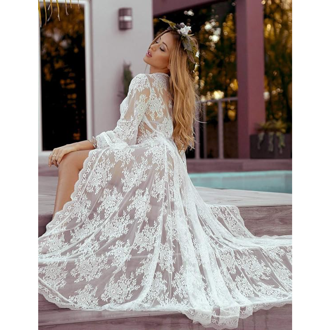 Bsubseach Mujer Traje de Baño Sexy Crochet Kimono Verano, Camisola y Pareos - Blanco encaje