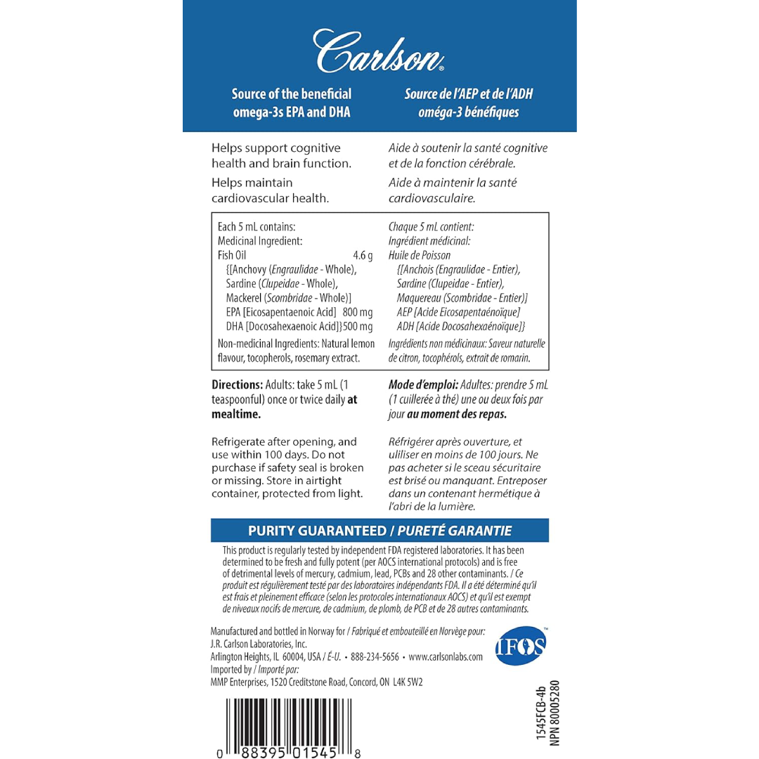 Carlson - The Very Finest Fish Oil Liquid Omega-3 Lemon - 500 ml