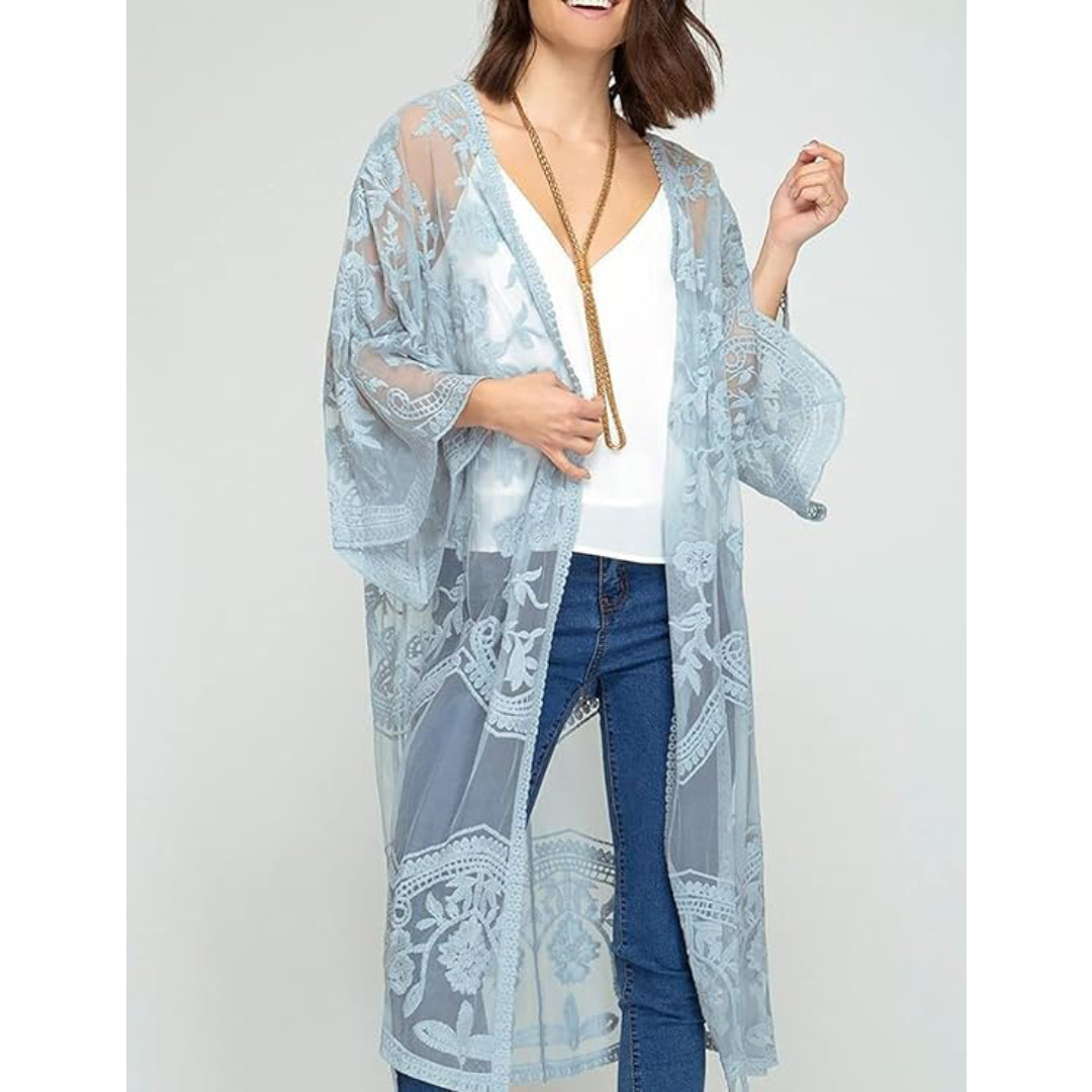 Bsubseach Mujer Kimono Cárdigan de Playa Traje de Baño Camisola y Pareos - A-Gris Azul