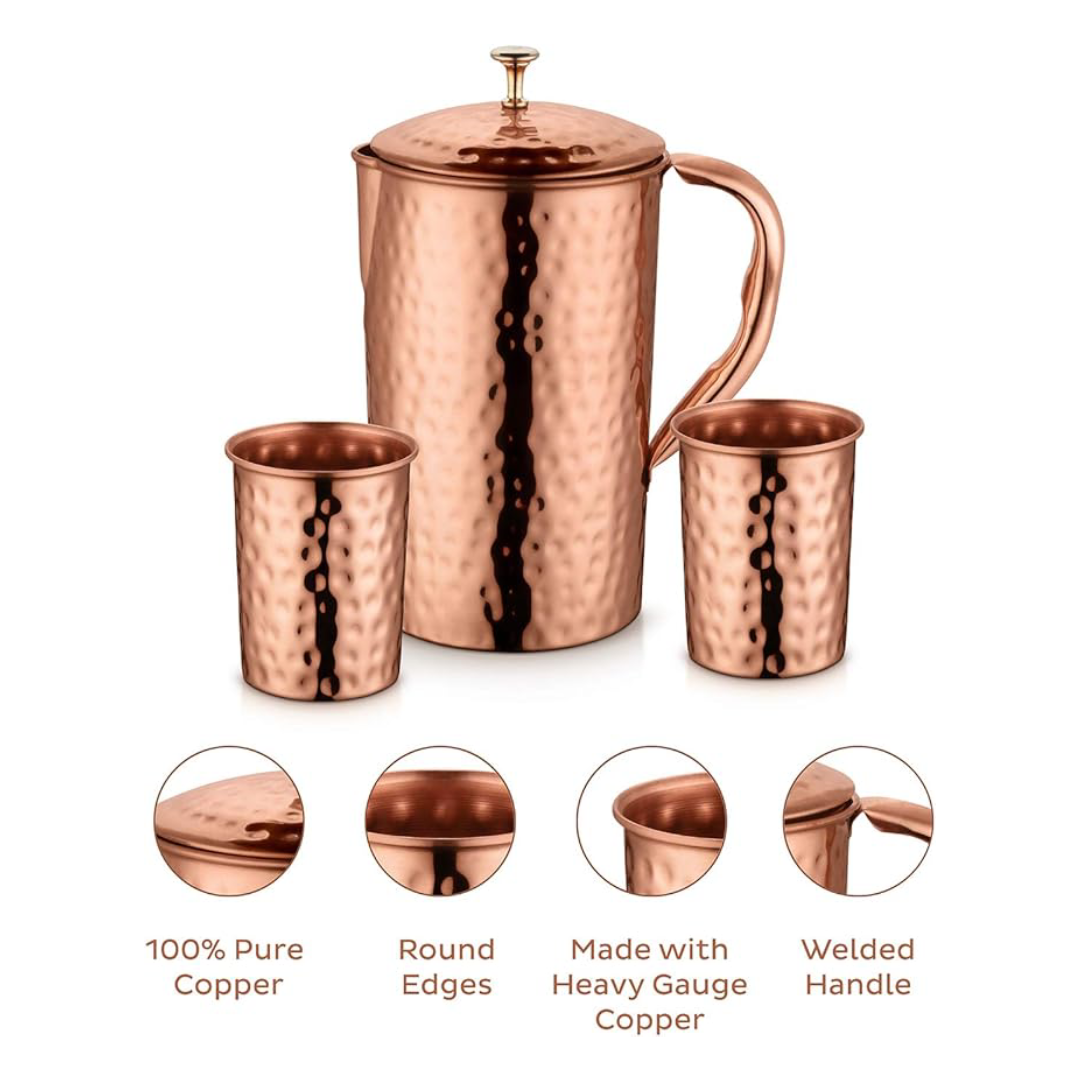 AVADOR - Jarra de cobre 100% puro hecha a mano con 2 vasos de vidrio con acabado martillado