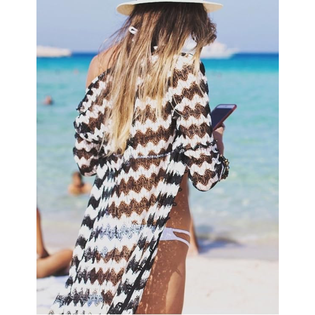 Bsubseach Mujer Traje de Baño Sexy Crochet Kimono Verano, Camisola y Pareos - Rayas