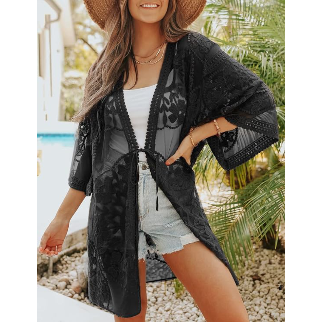 Bsubseach Mujer Traje de Baño Sexy Crochet Kimono Verano, Camisola y Pareos - D-Negro