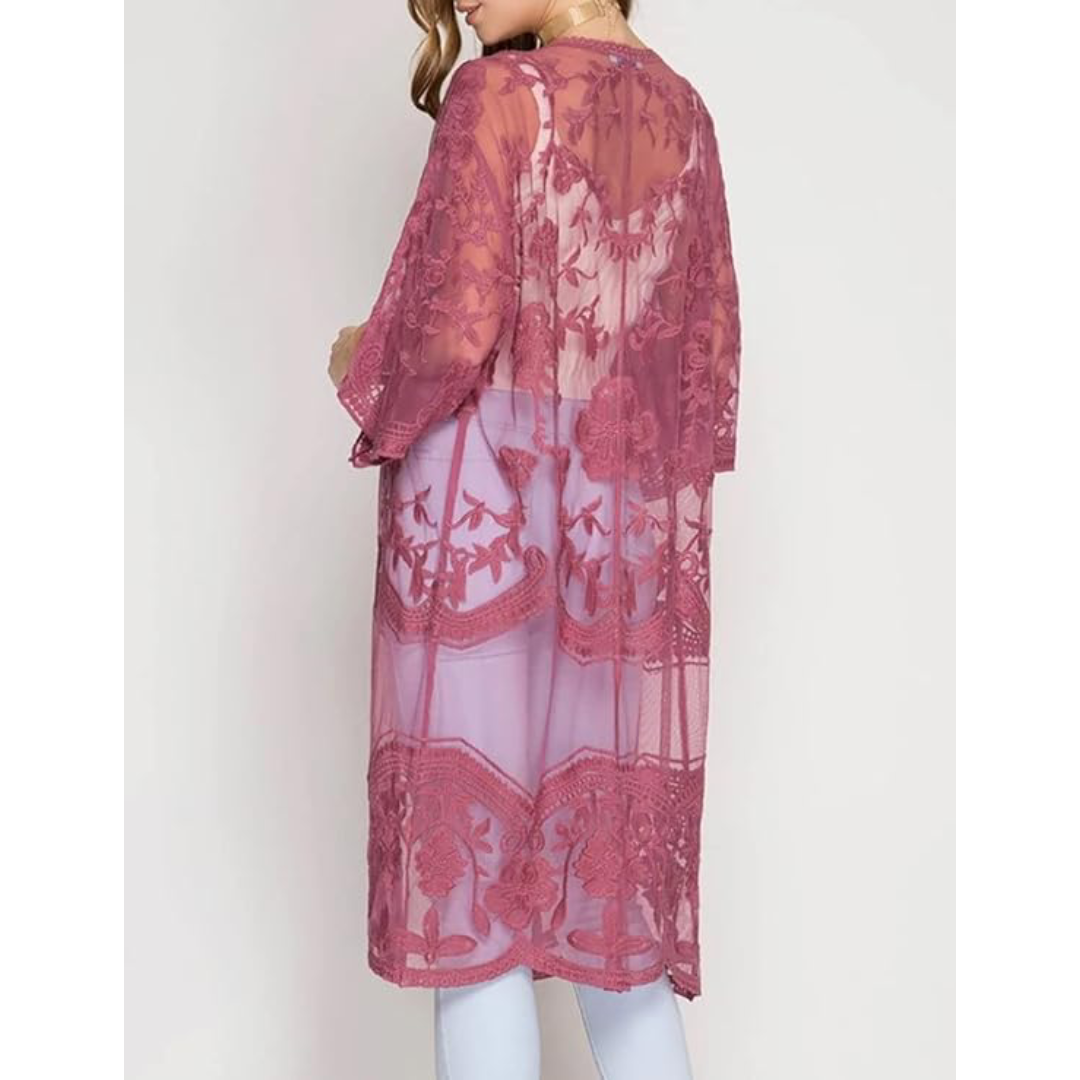 Bsubseach Mujer Kimono Cárdigan de Playa Traje de Baño Camisola y Pareos - A-Rosa oscuro