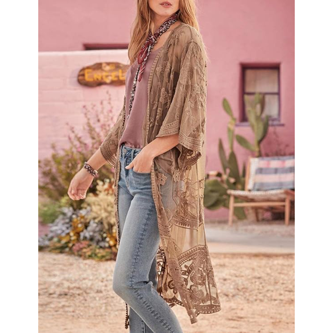 Bsubseach Mujer Kimono Cárdigan de Playa Traje de Baño Camisola y Pareos - A-Marrón