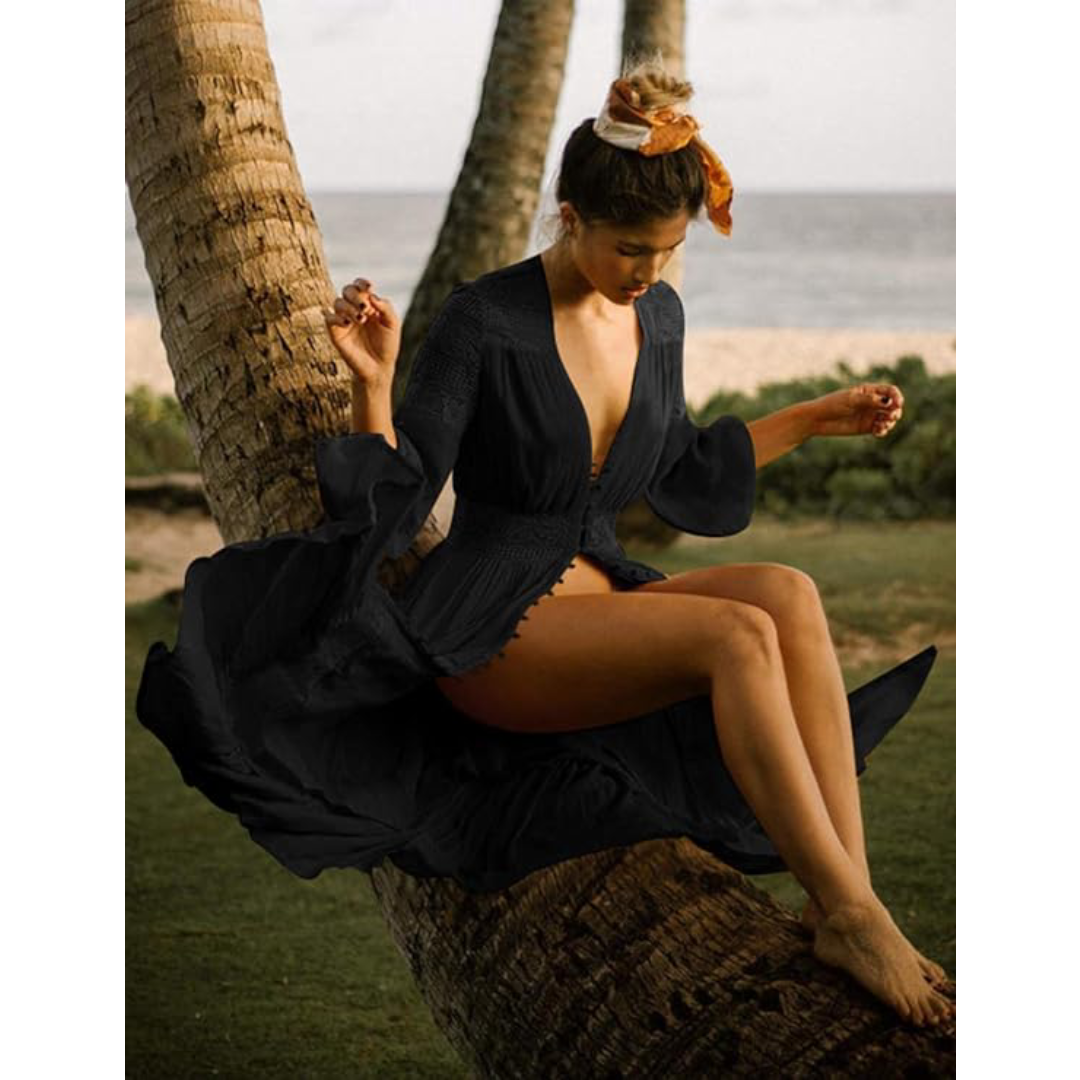 Bsubseach Mujer Traje de Baño Sexy Crochet Kimono Verano, Camisola y Pareos - A-Negro