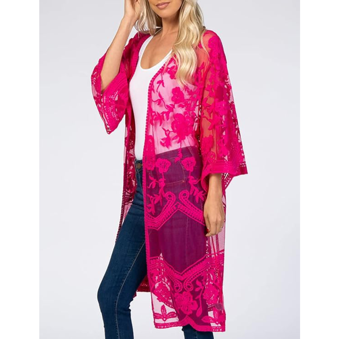 Bsubseach Mujer Kimono Cárdigan de Playa Traje de Baño Camisola y Pareos - A-Rose red