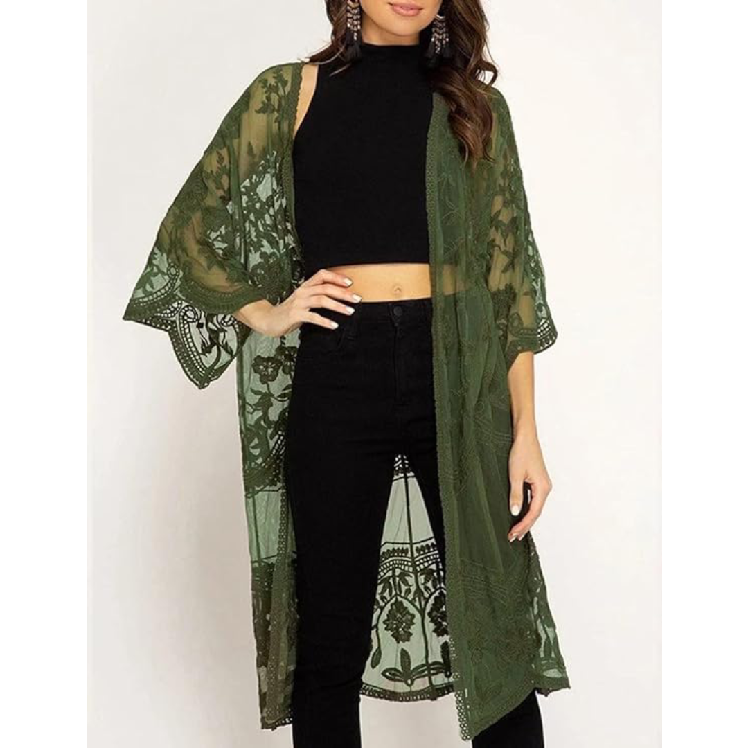 Bsubseach Mujer Kimono Cárdigan de Playa Traje de Baño Camisola y Pareos - A-Verde