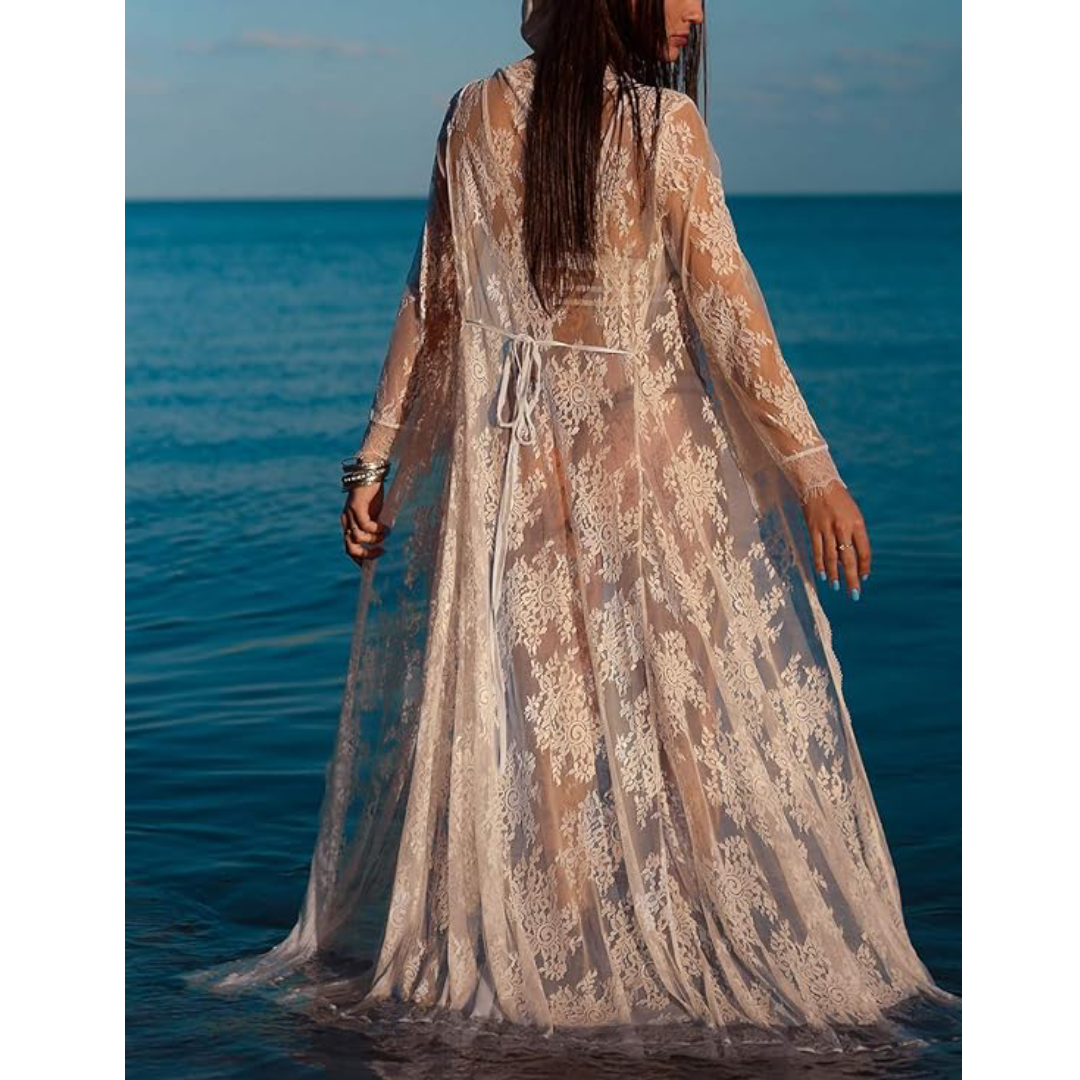 Bsubseach Mujer Traje de Baño Sexy Crochet Kimono Verano, Camisola y Pareos - Blanco encaje