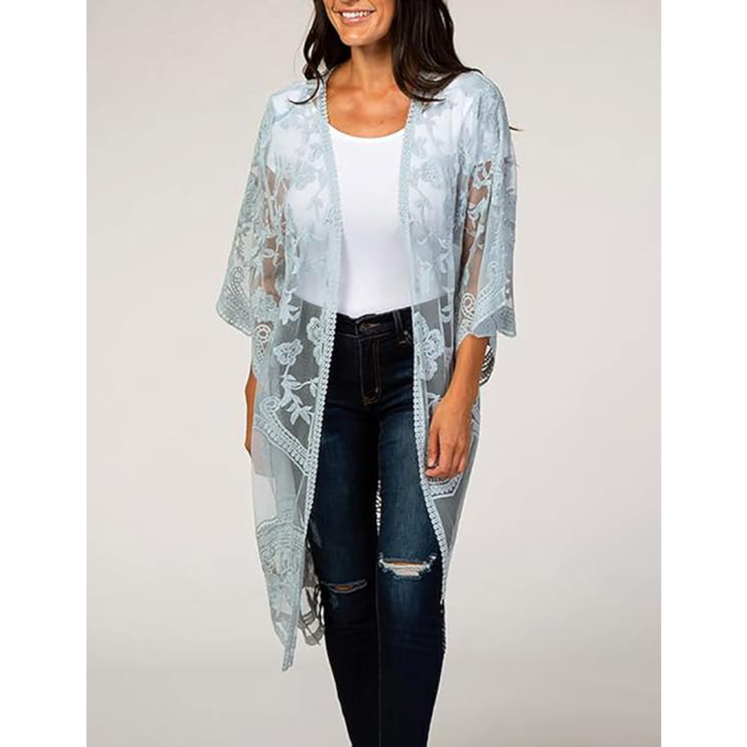 Bsubseach Mujer Kimono Cárdigan de Playa Traje de Baño Camisola y Pareos - A-Gris Azul