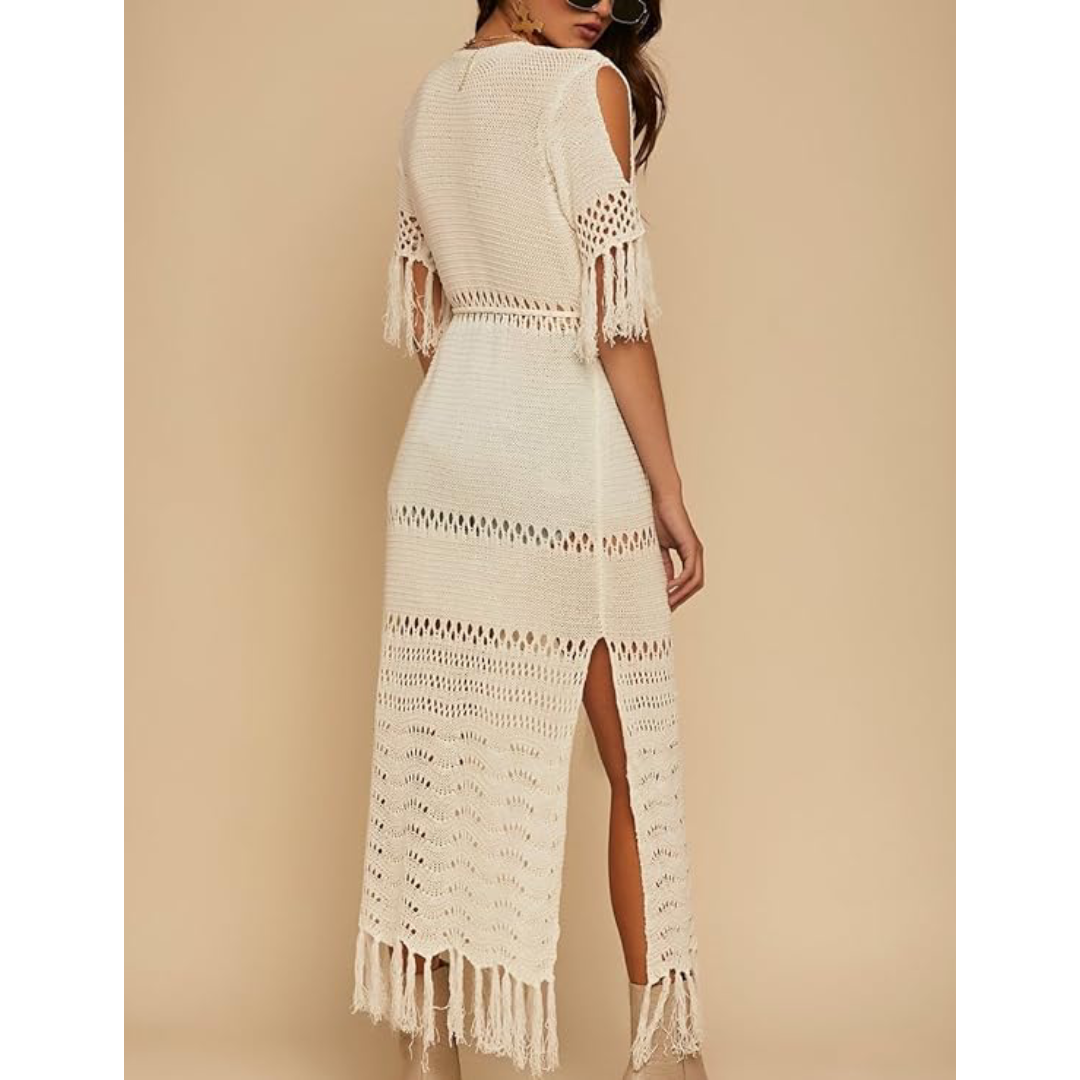 Bsubseach Mujer Traje de Baño Sexy Crochet Kimono Verano, Camisola y Pareos - Beige