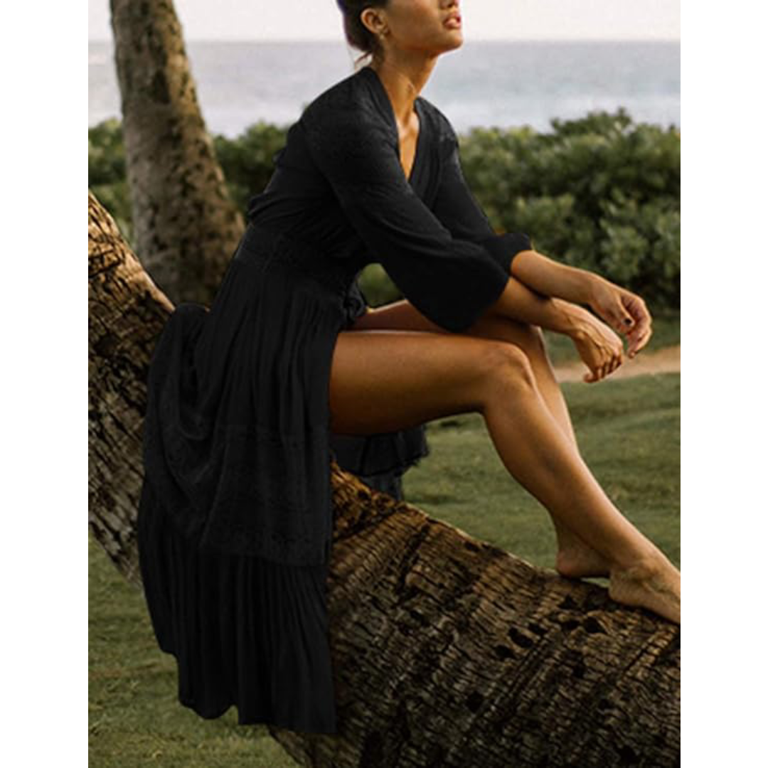 Bsubseach Mujer Traje de Baño Sexy Crochet Kimono Verano, Camisola y Pareos - A-Negro