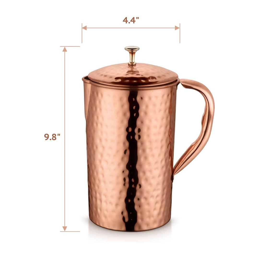 AVADOR - Jarra de cobre 100% puro hecha a mano con 2 vasos de vidrio con acabado martillado