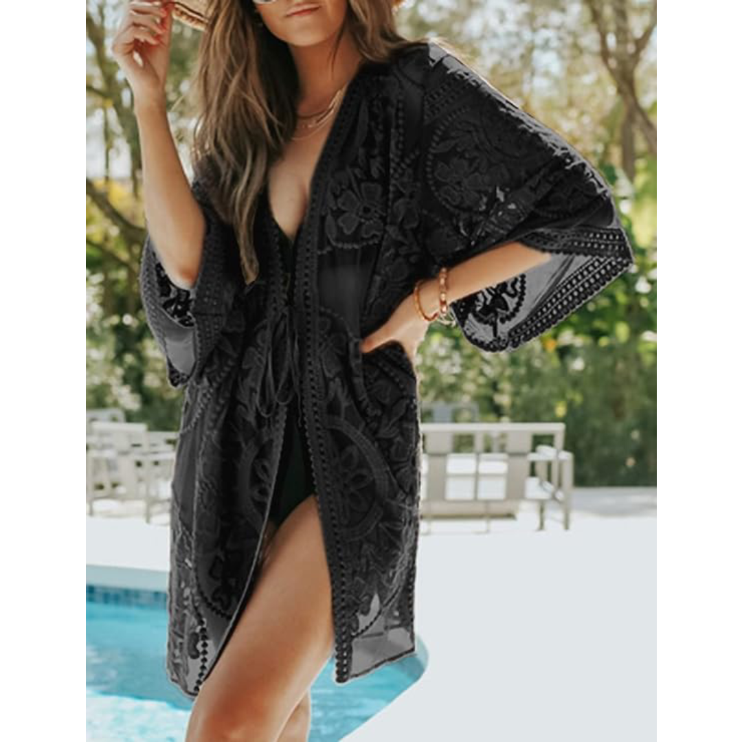 Bsubseach Mujer Traje de Baño Sexy Crochet Kimono Verano, Camisola y Pareos - D-Negro