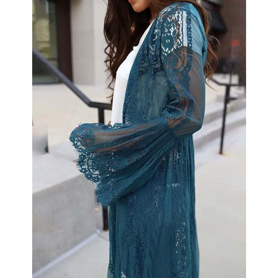 Bsubseach Mujer Traje de Baño Sexy Crochet Kimono Verano, Camisola y Pareos - F-Pavo real Azul