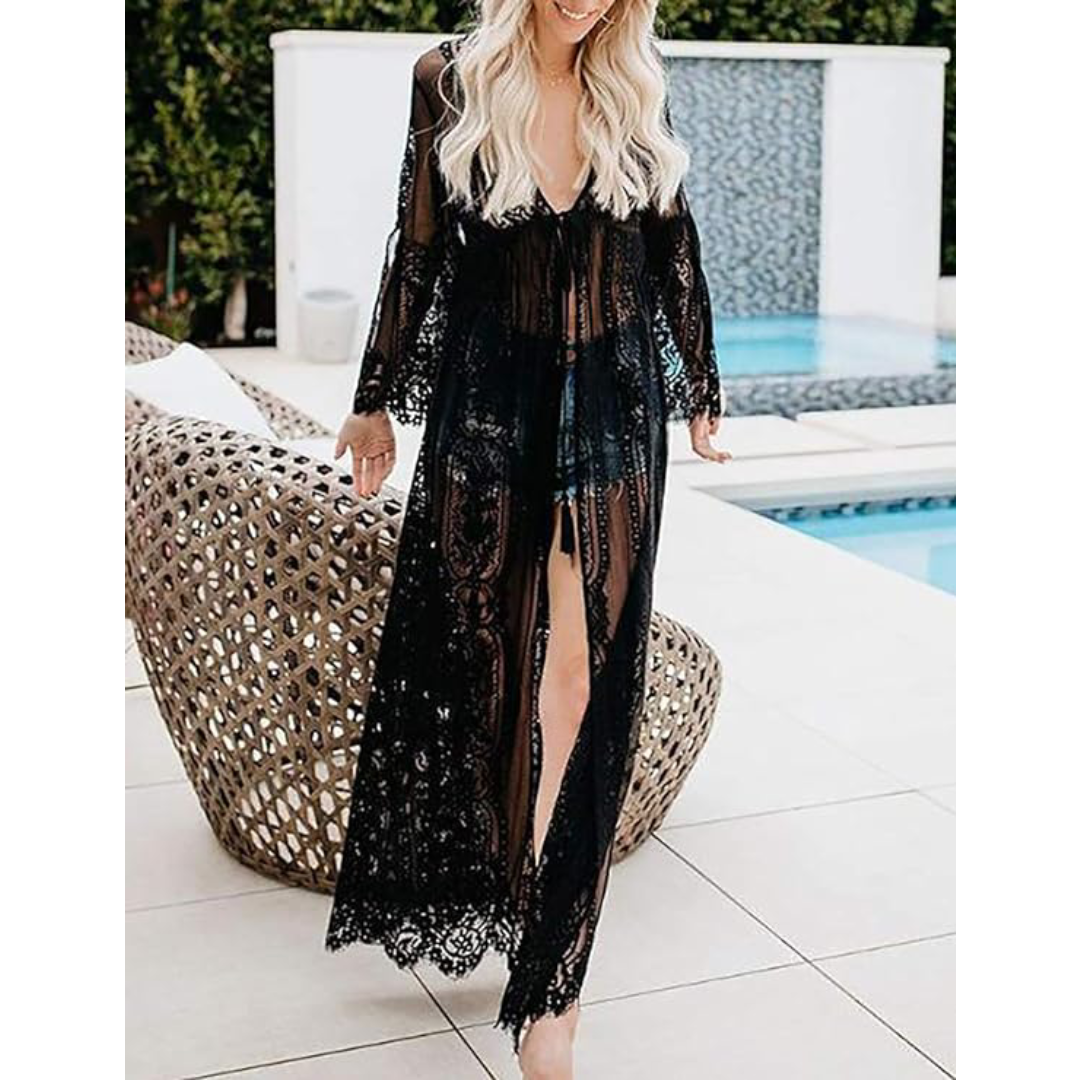 Bsubseach Mujer Traje de Baño Sexy Crochet Kimono Verano, Camisola y Pareos - F-Negro