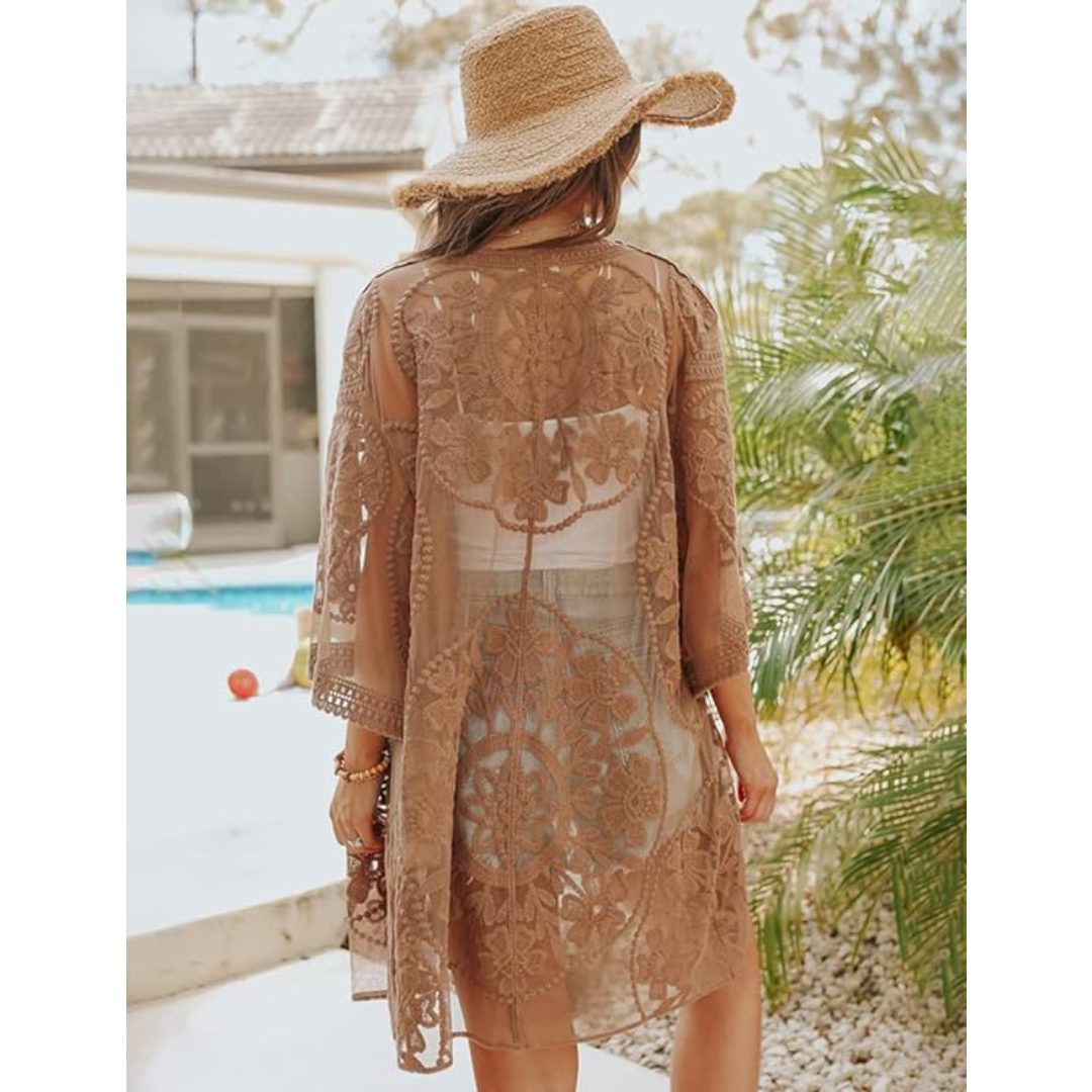 Bsubseach Mujer Traje de Baño Sexy Crochet Kimono Verano, Camisola y Pareos - Caqui