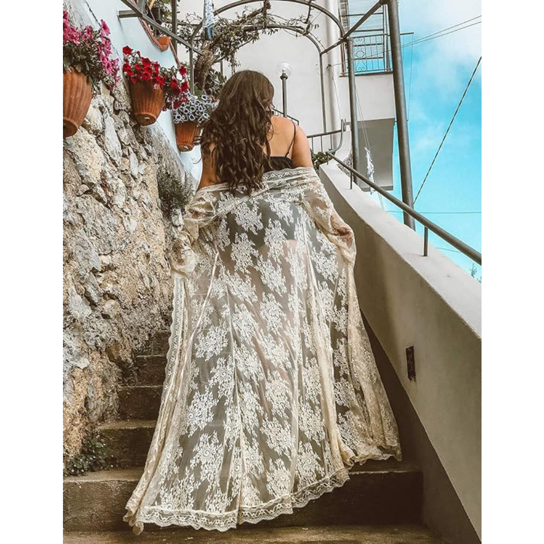 Bsubseach Mujer Traje de Baño Sexy Crochet Kimono Verano, Camisola y Pareos - Blanco encaje