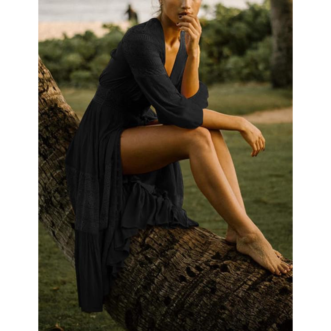 Bsubseach Mujer Traje de Baño Sexy Crochet Kimono Verano, Camisola y Pareos - A-Negro