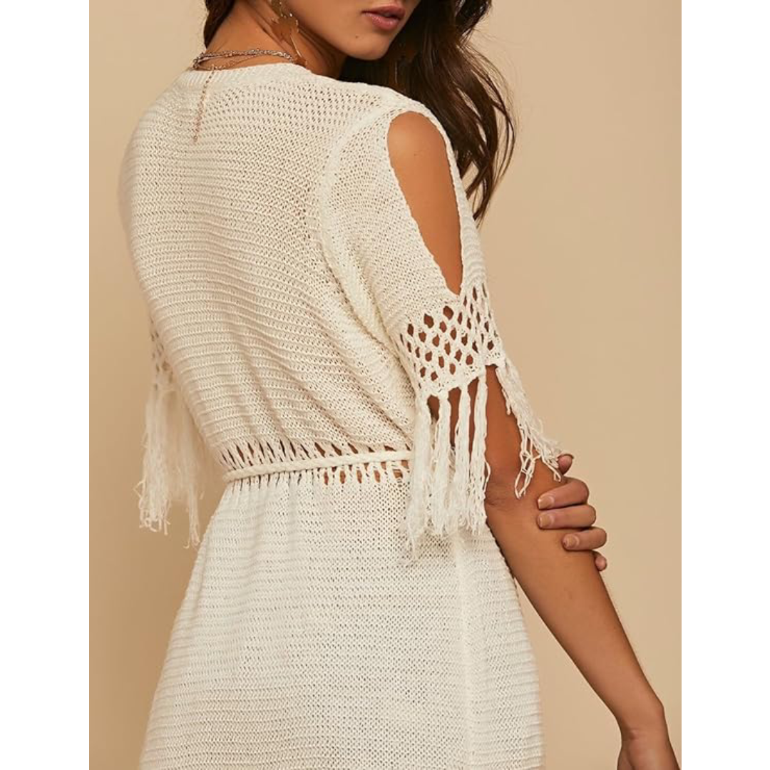 Bsubseach Mujer Traje de Baño Sexy Crochet Kimono Verano, Camisola y Pareos - Beige